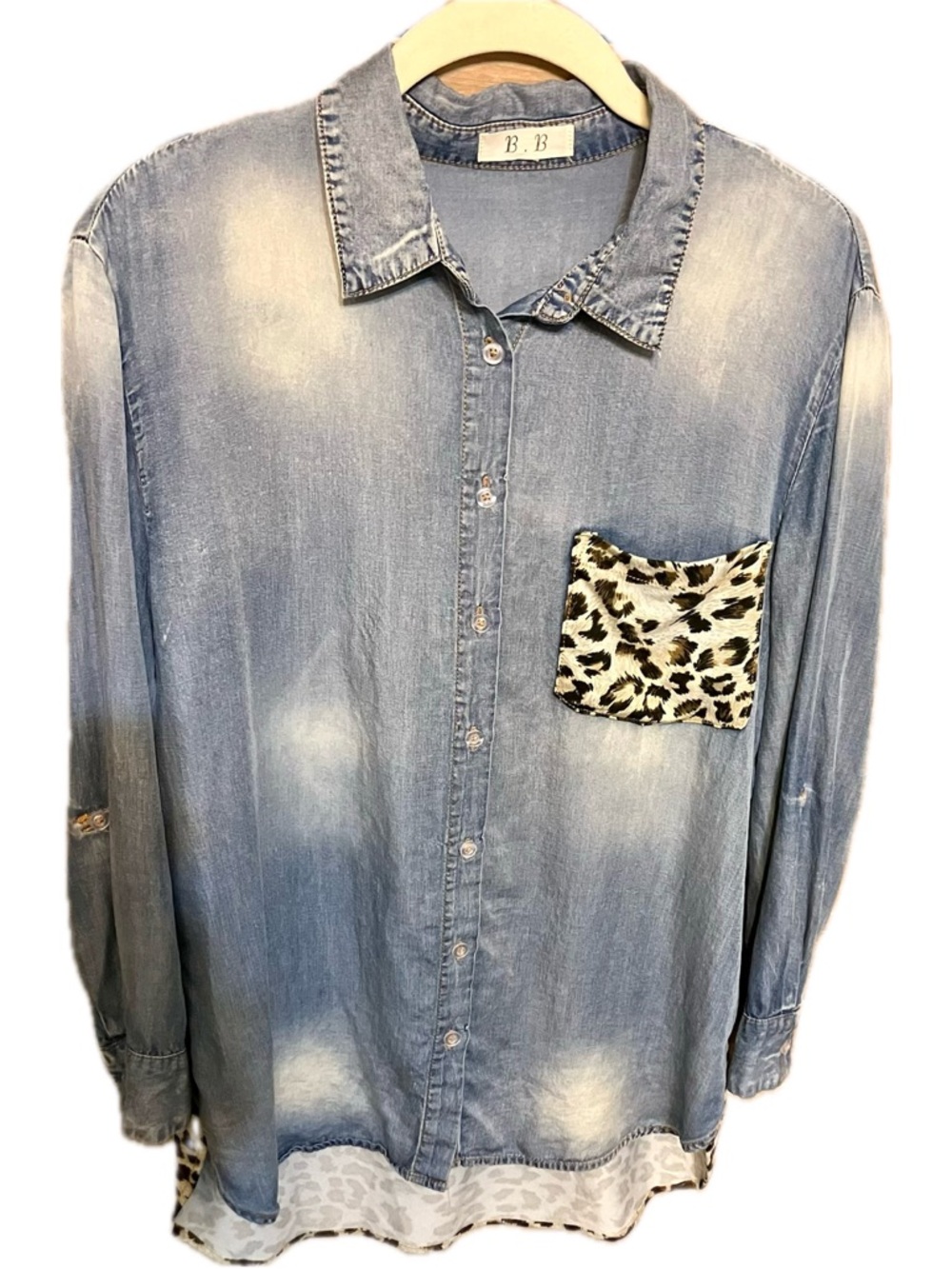 Casual Denim Shirt with Leopard Accents - Picture 1 of 5